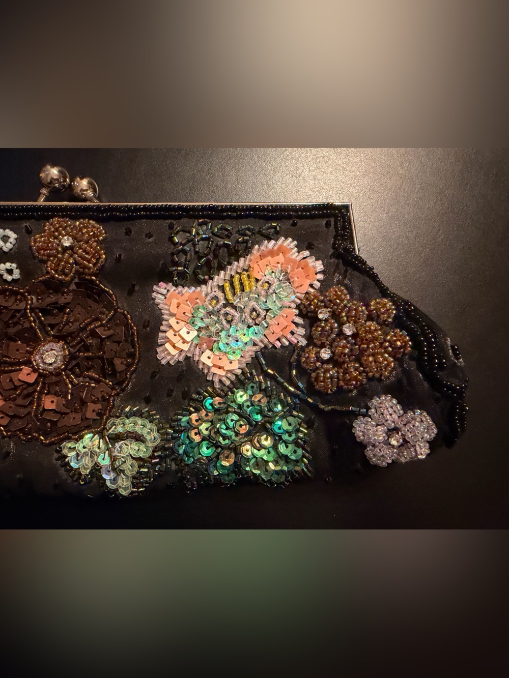 Beaded Floral Sequin Evening Clutch - Black with Multicolor Embroidery - Picture 4 of 7